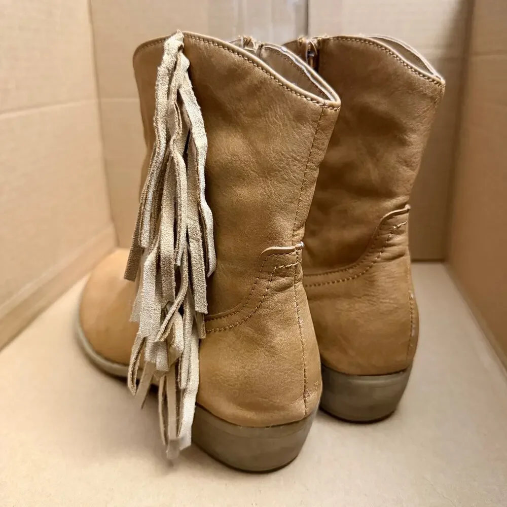Levvy Girls Fringe Cowgirl Boots Low Heel Zip Closure Tan Brown Size 4
